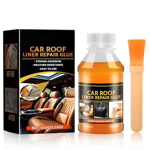 Colla per Tessuti Auto, Colla Cielo Auto, Incollare Cielo Auto Senza Smontarlo, Kit Riparazione Tetto Auto Interno con Pennello, Adatto per Tessuto, Tetto, Legno, Pelle, 100g