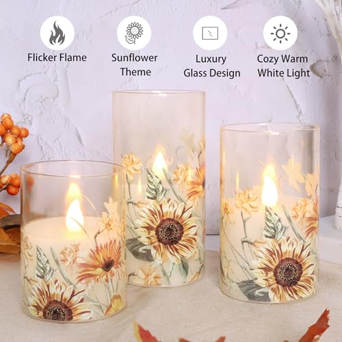 Image of Sunflower Glass Flameless Candles Battery Operated with Remote Timer Flickering LED Pillar Candles Summer Fall Decorations Gifts for Women Mothers Day Birthday Table Centerpieces, Set of 3