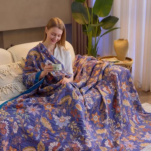 Image of XIBLC Boho Blanket, 100% Cotton Farmhouse Decorative Throw Blanket, 80 inchx90 inch Reversible Bohemian Throw Blanket, Purple All Season Muslin Breathable Woven Blankets Quilt