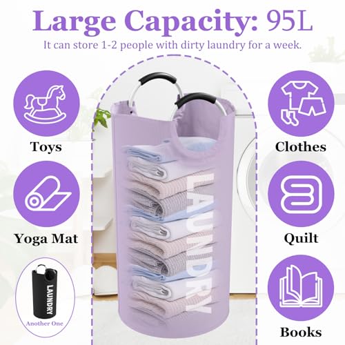 Image of Set of 2 Collapsible Laundry Baskets with Aluminum Handles, 95L Large Laundry Baskets in 600D Oxford Fabric, Portable Dirty Clothes Hampers for Bedroom, Travel, Black + Purple