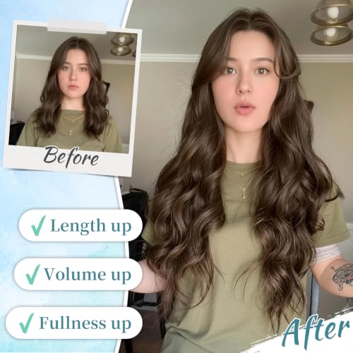 Image of KooKaStyle Wavy Thick Clip in Hair Extensions 24 inch Chocolate Brown | Natural Volume & Seamless, 4 Pieces Clip in Extensions,Fiber Double Weft Hairpieces,Long Wave Synthetic Hairpiece for Women