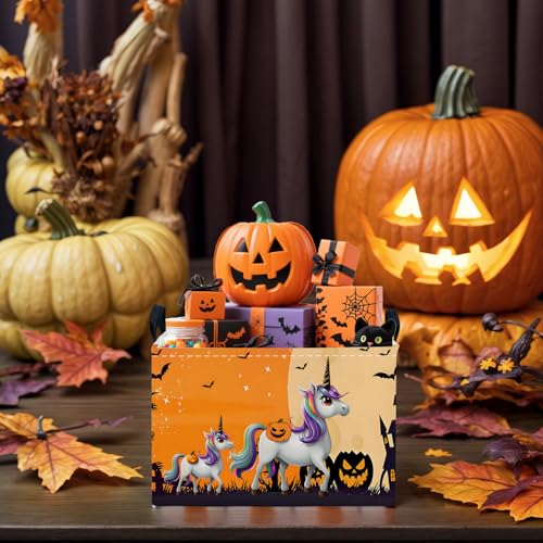 Image of Halloween Basket Gift Cute Pumpkin Ghost Parties Decor Kid Trick or Treat Basket for Boys and Girls Rectangular Storage Bin Box (Unicorn Bat)