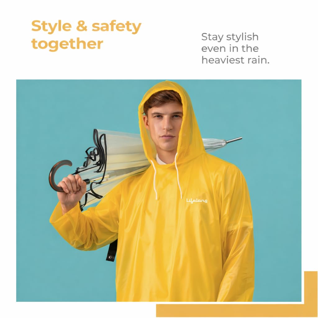 Lifelong Waterproof Unisex Raincoat | Hooded Full Sleeves Outdoor Poncho for Men, Women, Boys & Girls | Durable PVC Rainwear for Camping, Hiking, Travelling | Adjustable Drawstring | Yellow (1 Pc) 4