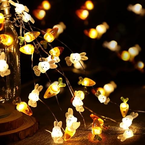 Easter Decorations Lights 13FT 40LEDs Bunny Carrot String Lights Battery Operated, Easter Decor Spring Rabbit Fairy Lights with 8 Modes and Timer for Home Easter Basket Eggs Party Seasonal Cover