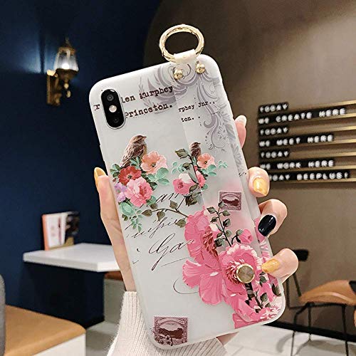 Robinsoni Case Compatible with iPhone XS Max Semi-Transparent Floral Flower Pattern Cover for Girls Women TPU Silicone Wrist-Band & Mental Ring Case Glitter Floral Cover Shockproof Bumper Back Case
