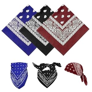 YAWYO Lot de 3 Bandanas, Foulard Multifonction Imprimé Paisley, Unisexe Bandeau pour Cheveux Hommes Femmes Accessoires de Cowboy (Bleu Royal, Noir, Bordeaux)