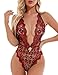 Aranmei Lingerie en dentelle pour femmes Body une pièce avec décolleté en V profond et licou dos nu Teddy Sexy Nightwear Vin Rouge S.