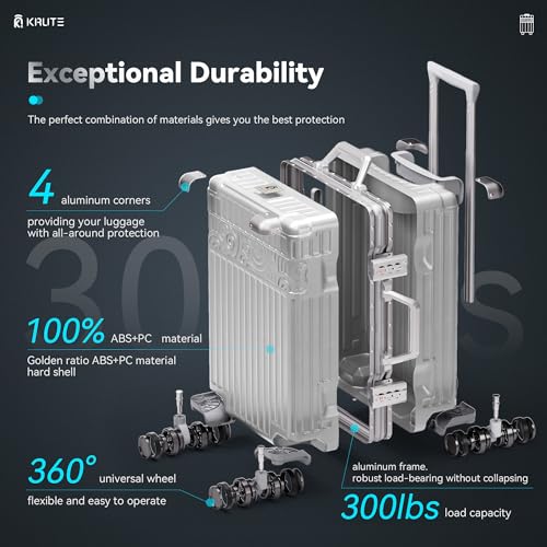 Krute Carry On Luggage 20 inch Suitcase with Wheels Aluminum Frame Zipperless Luggages Hard Shell Suitcases with PC+ABS TSA Lock 4 Metal Corner2