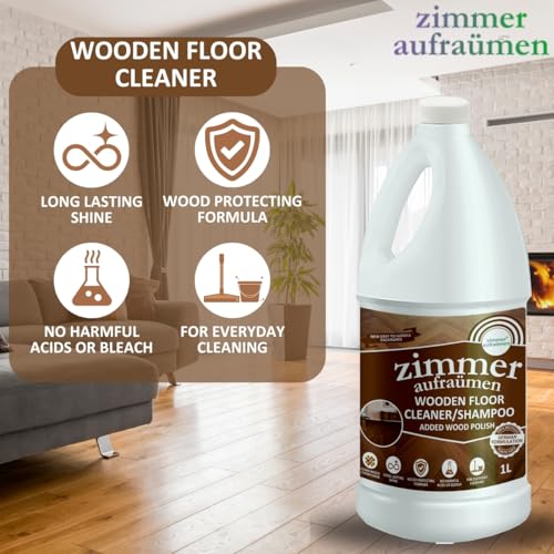 Image of Zimmer Aufraumen Wooden Floor Cleaner 1 L+ Wood Floor Polish Spray 450ml COMBO. Formulated for Wooden Floors and Laminated Surfaces. Cleaning + Shining wooden floors. Kids & Pets Safe.