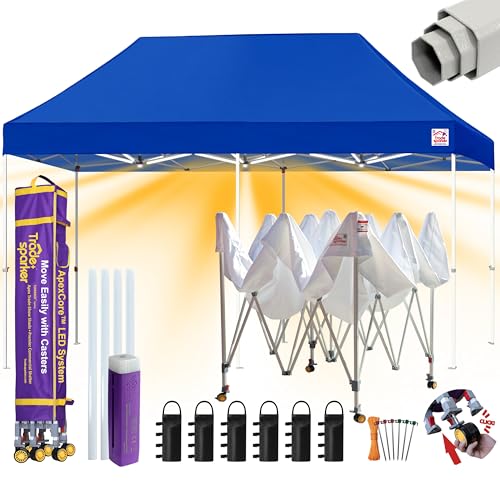 Image of Tradesparker 10x20 Pop Up Canopy Tent,Commercial Movable Canopy with ApexCore LED&Rugged Casters-Instant Easy Setup Shelter Canopies with Weight Bags&Stakes for Outdoor Events Markets Vendors,Blue
