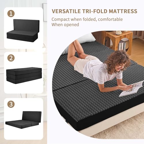 Image of Foldable Mattress Queen Size, 6 inch Trifold Mattress Futon Murphy Bed,Black