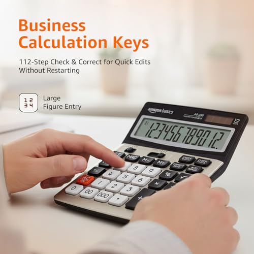 Image of Amazon Basics 12-Digit Desktop Calculator | 127mm Large Tilted LCD| 112-Step Check & Correct | Dual Power Solar & Battery | Anti-Scratch LCD | 000 & F-Cut Keys | Black