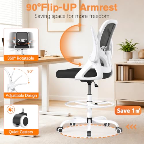 Image of ORRSAKER Drafting Chair, Tall Office Chair with Flip-up Arms, Mesh Ergonomic Computer Standing Desk Chair with Adjustable Height Foot Ring and Lumbar Support, 300 LBS Capacity, White