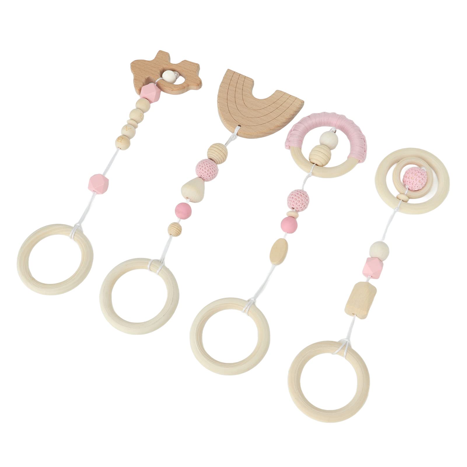 Aramox Wood Play Gym Toys Eco-Friendly 4pcs Stroller Pendant Toy Set for Visual Stimulation Baby Wooden Hanging Toys (Pink)