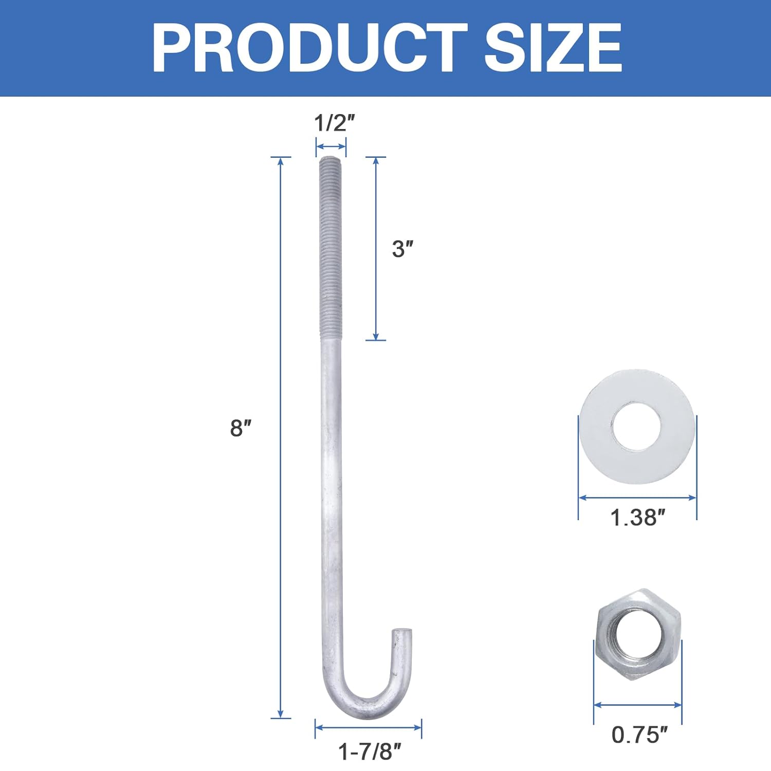1/2” x 8” J Bolt Anchors (25 Pack) for Concrete with Nuts and Washers, Hot-Dip Galvanized