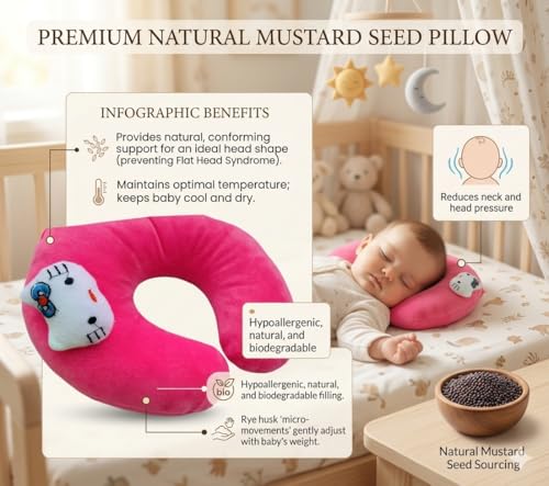 Image of Wavva Pillow for New Born Baby, Ideal for Round Head Shaping Pillow with Foam Cotton Cover for 0 to 12 Months Babies (Pink)