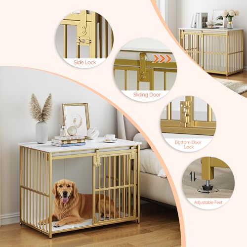 HOOBRO Dog Crate Furniture, 36.6" Heavy Duty Dog Kennel with Sliding Barn Door, Wooden Dog Cage Indoor, Decorative Side End Table for Small/Medium Dogs, White and Gold GD162GW03G1 - Image 7