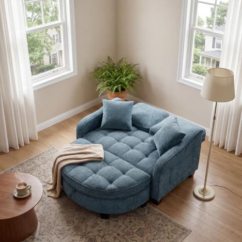 Image of ERYE Chenille Tufted Loveseat Sofa and Ottoman Set, Tufted Recliner Sleeper Chaise Lounge with Curved Storage Ottoman,Reclining Backrest and Side Pockets, 4 Pillows