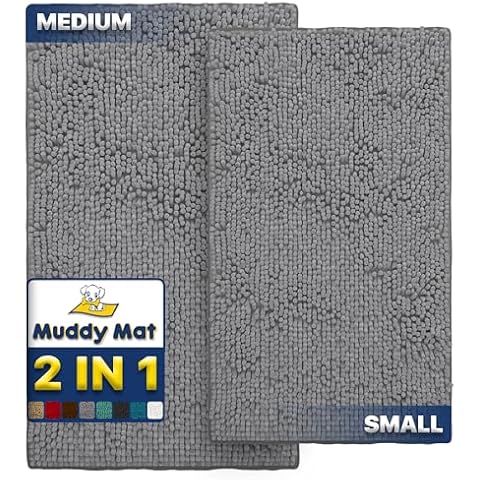 Muddy Mat 2-Piece Microfiber Door Mat and Pet Rug Non Slip Thick Washable Mat Soft Chenille for Kitchen Bathroom and Outdoor - Grey Small & Medium Cover