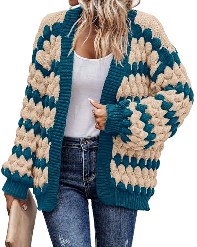 KIRUNDO Women's Cardigans Casual Long Sleeve Chunky Knit Color Block Striped Cardigan Open Front Cozy Sweater Coat Knit Outerwear Teacher Outfits(Denim Blue, Large)