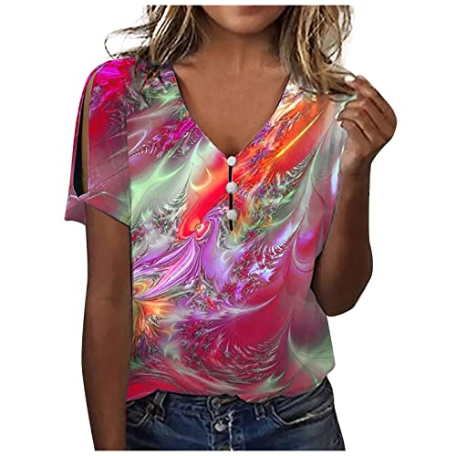 Shirt Damen Knopf V-Ausschnitt Bluse Sommer Kurzarm Tshirt Schulterfrei...