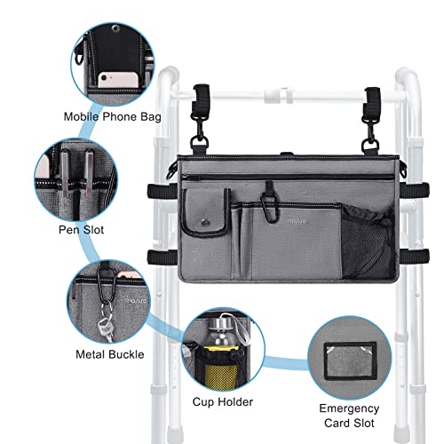 MOSISO Walker Bag with Cup Holder, Folding Walker Basket Storage Bag, Large Capacity Walker Organizer Pouch with Reflective Strip for Most Foldable Walkers, Universal Walkers, Wheelchairs, Gray