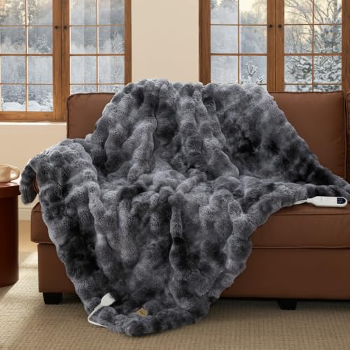 Image of Bedsure Bubble Faux Fur Heated Blanket Electric Throw, Tie-dye Dark Grey