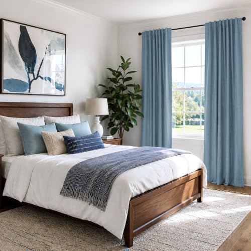 Image of Linen Textured Total Blackout Curtains for Bedroom 72 Inches Long, Blue
