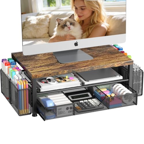 Image of OPNICE Desk Organizers and Accessories, Computer Monitor Stand Riser with Drawer and 2 Pen Holders, Printer & Laptop Stand, Office Desk Accessories & Workspace Organizers for Home Office Supplies, Wood Brown