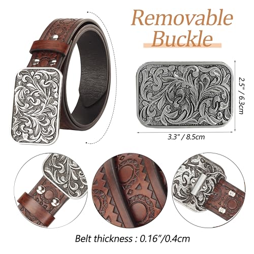 Image of Mawjom Western Cowboy PU Leather Belt - Men Waist Strap Bull Decoration Floral Engraved for Jeans 25 inch to 38 inch Waist