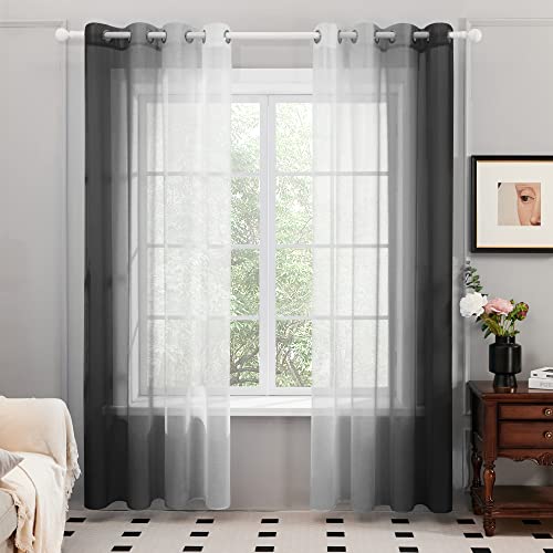 Deconovo Cortinas Salon Translucidas para Dormitorio Decorativo Visillos 2 Piezas 140x215cm Negro