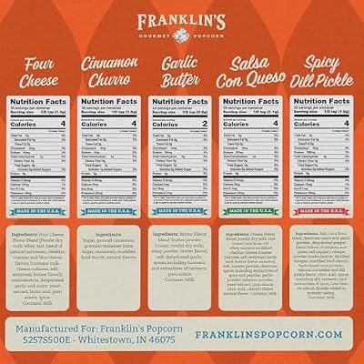 Franklin's Gourmet Popcorn Seasoning Powder Variety Pack in 5 Flavors - Made in USA - Dill, Garlic, Cheese & Cinnamon Popcorn Flavoring Seasoning Set