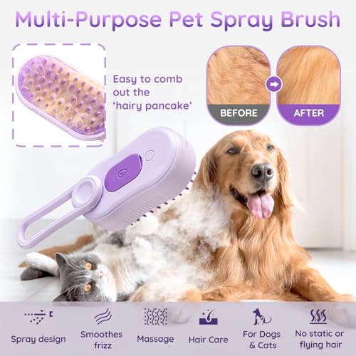 Image of GKZ Cat Steam Brush, 3 in 1 Pet Comb for Massage, Cleaning, Shedding and Combing, Electric Mist to Prevent Flyaways for Home, Dogs and Cat Lovers - Purple