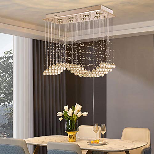 Modern Rectangular Crystal Chandelier Wave Raindrop Flush Mount 8 Lights Led Pendant Lighting Chrome Ceiling Light Fixture For Kitchen Island Dining Room Living Room, L31.4'' X W11.8'' X H27.5'' #TOP6