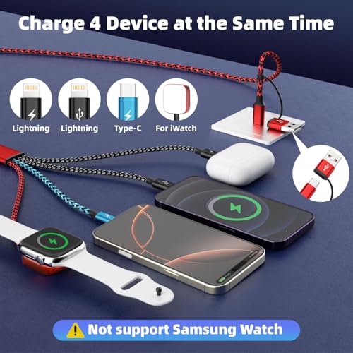Image of Travel Essentials 4in2 Multi Charging Cable for iPhone Watch Charger,USB A /C to Dual IP /Type C /iWatch Charger,Travel Chargers for Multiple Device Compatible with iWatch Series&iPhone 17-12 /Android 5FT