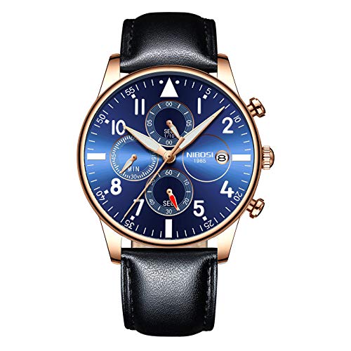 NIBOSI Orologio da Polso, Quadrante Blu con Cronografo, Cassa in Oro Rosa, Cinturino in Pelle Nera, alla moda, di Lusso, Fashion, Impermeabile, al Quarzo, Data, Classico, Elegante, Sportivo, Casual