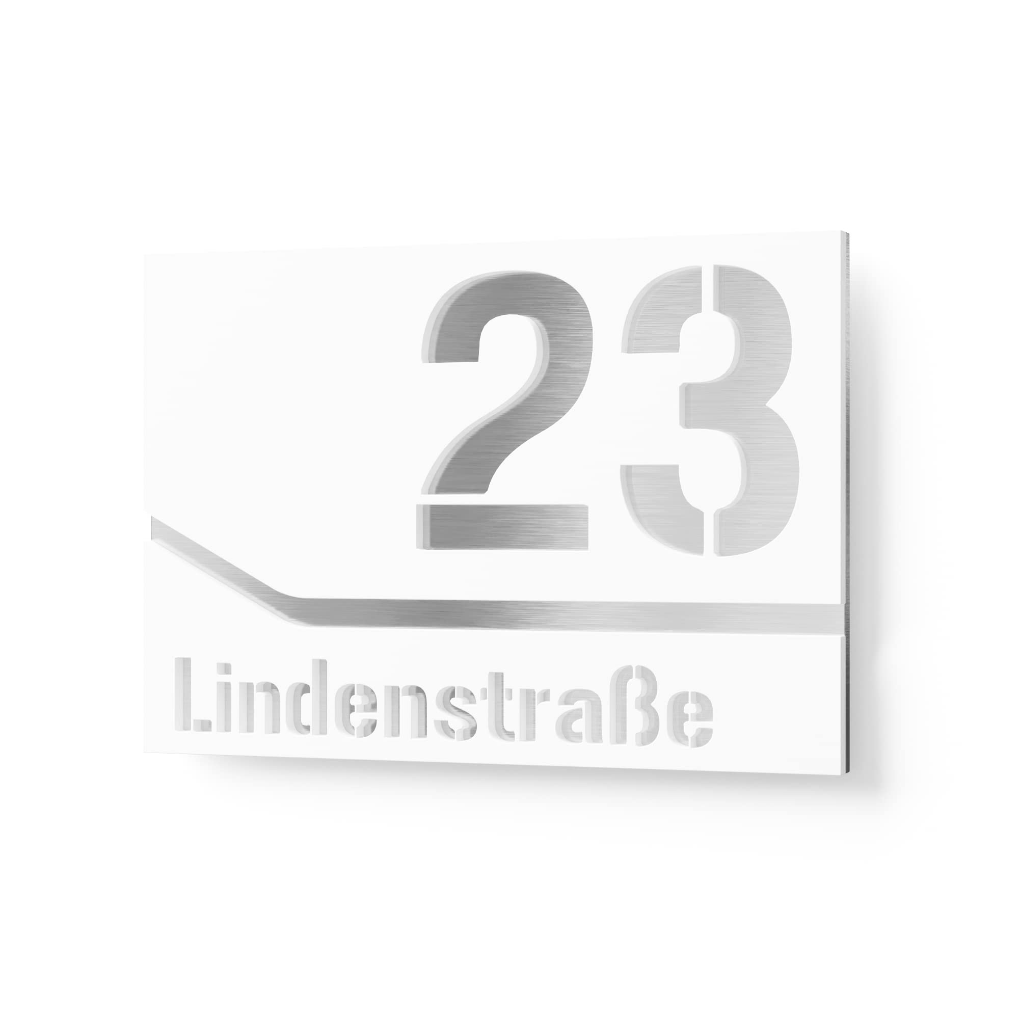targhetta due righe per esterni – 215x150 mm, bianco, acciaio inox V2A (AISI 304), numero + testo personalizzabili