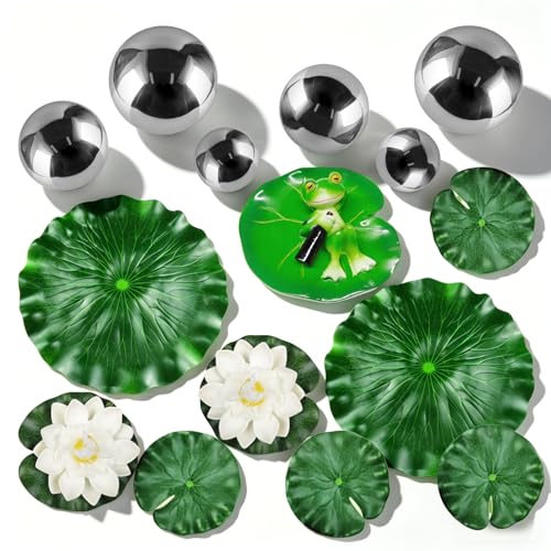 Zdhsufnvw Teichdeko Miniteich 15er Set mit (25/32/38 mm) Schwimmkugeln für Miniteich Deko Eva Seerosen Künstlich & Lotusblätter Frosch Deko Gartendeko Figuren für Gartenteich Patio & Aquarium