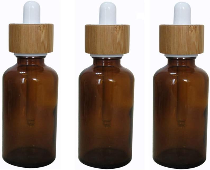 3PCS 30ML/1OZ Empty Refillable Amber Glass Dropper Bottle Sample Cosmetic Storage Container Jar Vial With Glass Eye Dropper and Bamboo Cap For Perfume Essential Oil Aromatherapy