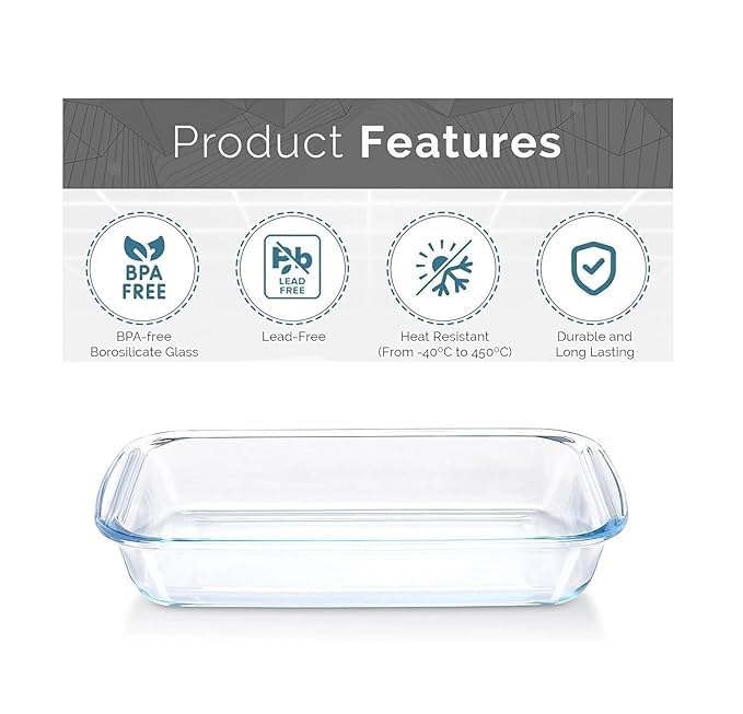 LEOMORD Glass Baking Tray, 1 Litre Rectangular Borosilicate Bakeware Dish, Microwave Oven Safe Square Bowl, Heat Resistant Server for Bread Pudding Brownie Lasagne, 1000 ml 4