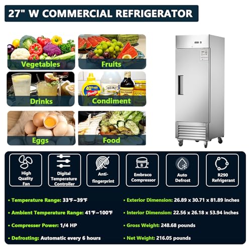 Image of 27 inch W Commercial Refrigerators, 1 Solid Door Stainless Steel Upright Commercial Freezer, Commercial Fridge 18.68 Cu.ft Fan Cooling for Restaurant Kitchens