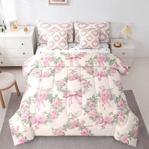 Image of Pink Bow Bed in a Bag Queen Comforter Set 7 Piece | Romantic Rose Bedding Sets Dreamy Boho Floral Comforter and Sheet Set, Princess Bowknot Bed Sets,Cute Room Decor Aesthetic Kawaii
