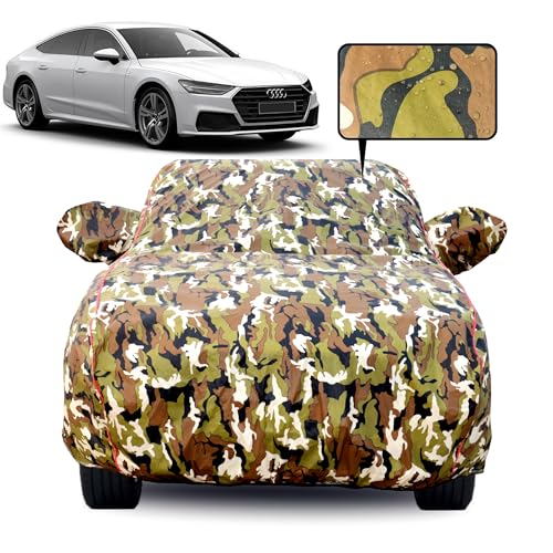 Image of Waterproof Car Body Cover for Audi A7 with Mirror Pocket, Soft Cotton Lining, Triple Stitched, Full Bottom Elastic (Heat Resistant Jungle Print with Red Piping)