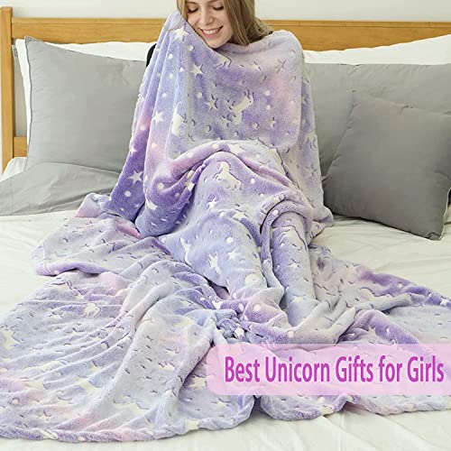 Image of Glow in The Dark Blanket Gifts for Toddler Kids Teen Girls| 80 x 70 inch / 200cm x 180cm |Bedroom Decor, Lightweight Throw Blankets|Soft Cozy Fluffy Luminous Throw Blanket - Purple Unicorn