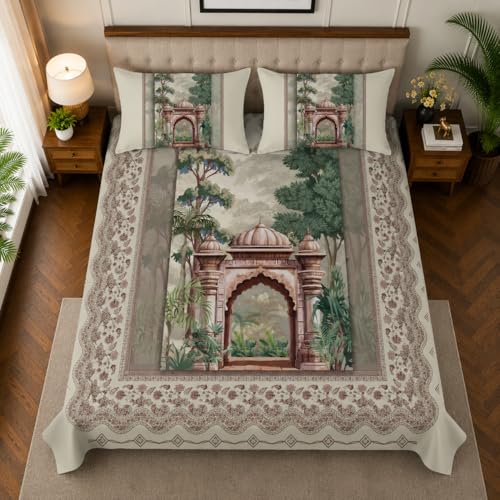 Image of 7D Digital Printed King Size Bedsheet with 2 Pillow Covers | Soft Premium Cotton Feel Microfiber Double Bed Bedsheet|Breathable,Wrinkle Free & Fade Resistant|(CreamEthnic, KingSize-225x250CM)