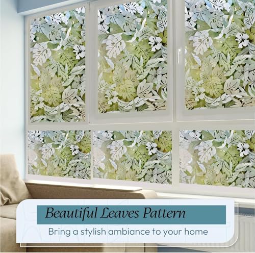 Image of HOME13 Window Privacy Film Frosted Glass Film Decorative Window Sticker Removable Window Film Home Office Privacy Film Window Coverings (Palm Leaves, 2 Feet by 12 Feet)