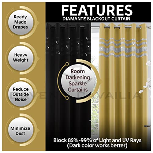 GC GAVENO CAVAILIA Kendal Diamante Blackout Curtain Pair, Eyelet Thermal Insulated Bedroom Curtains With Tie Backs, Ochre - Image 2