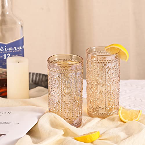 Abrwyy Amber Glassware Set Of 4 Vintage Drinking Glasses, 12Oz Amber Heavy Duty Glass Cups, Old Fashioned Glass, Highball Glasses Set For Party Wedding Home Office Glassesware Gift #TOP2