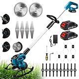 Accu-grastrimmer, grastrimmer, bosmaaier met 21 V 2000 mAh accu en oplader, met 4-in-1 metalen lemmet, grastrimmerdraad, verstelbare kop, grasmaaier voor grasmaaien