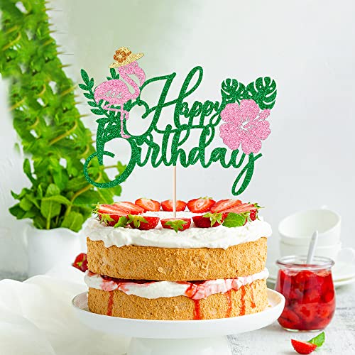 Arokippry Flamingo Cake Toppers, Flamingo Happy Birthday Cake Decoration, Hawaii Theme Birthday Party Decorations Green Glitter #TOP3